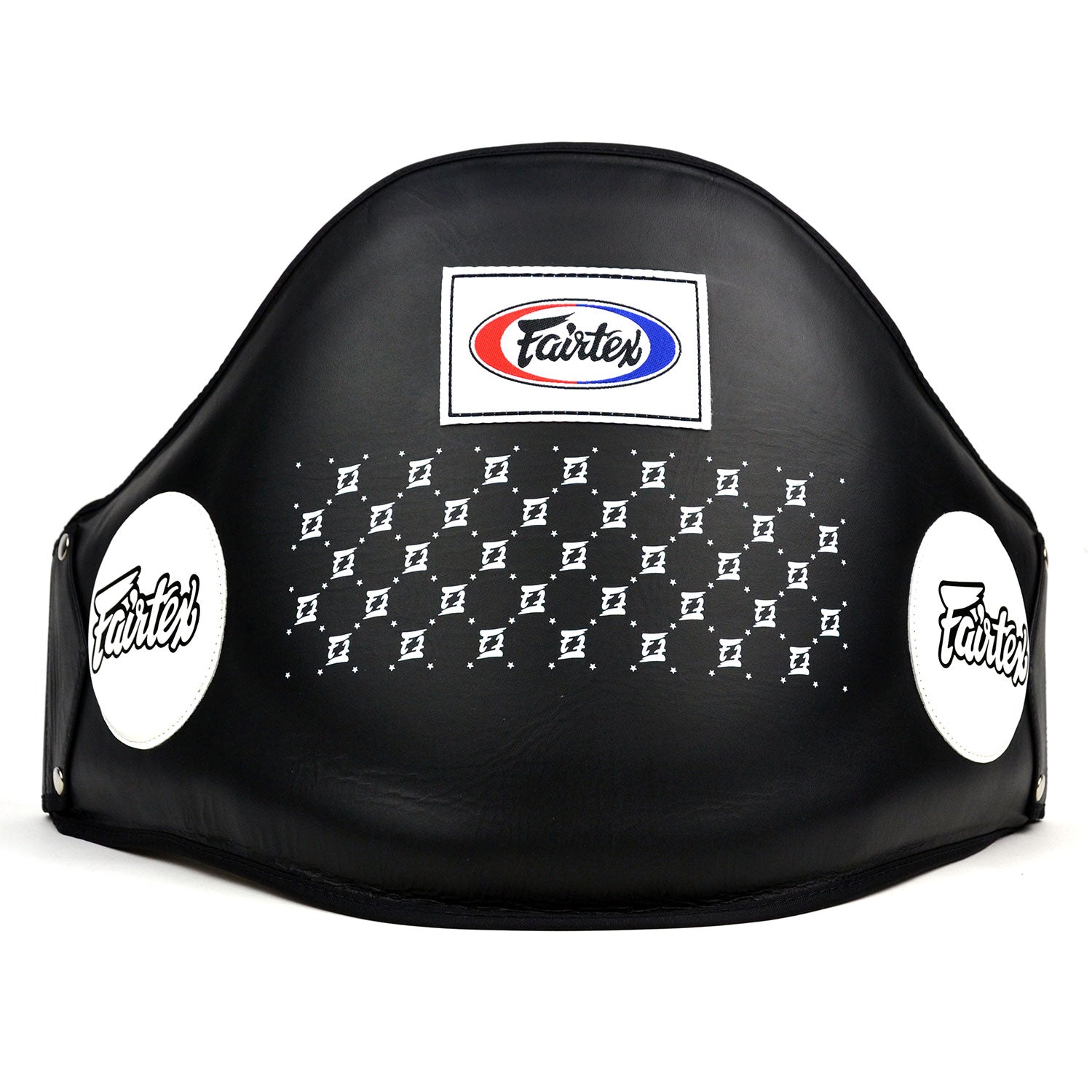 Fairtex BPV1 Standard Leather Belly Pad in black, sporting goods protective gear for martial arts training and sparring.