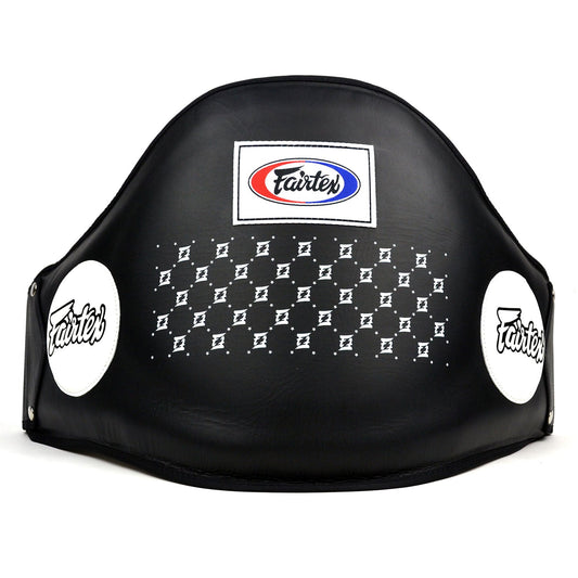 Fairtex BPV1 Standard Leather Belly Pad in black, sporting goods protective gear for martial arts training and sparring.