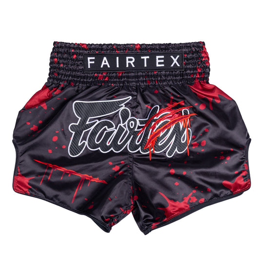 Fairtex BS-Halloween Muaythai shorts featuring a demon’s bite design, black and red colors, and traditional Muay Thai style.