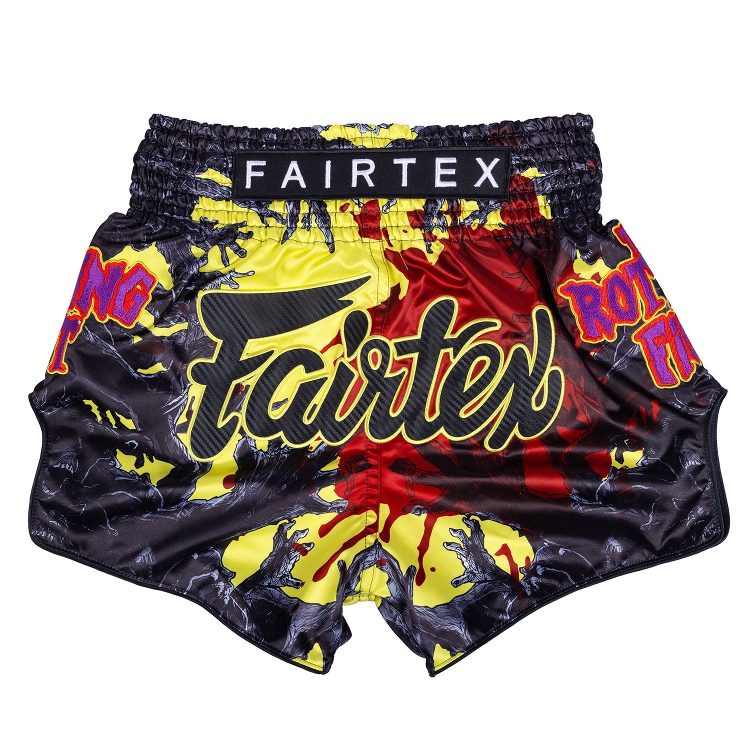 Fairtex BS-Halloween Muaythai Shorts featuring rotting fist design, vibrant colors, and athletic fit for martial arts training.