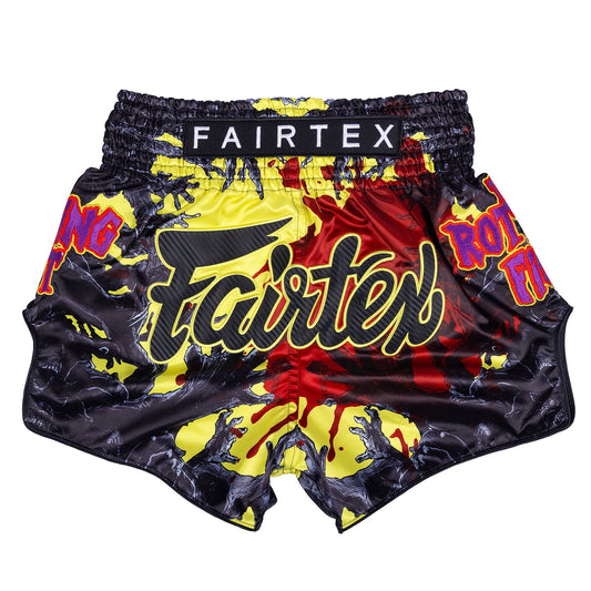Fairtex BS-Halloween Muaythai Shorts featuring rotting fist design, vibrant colors, and athletic fit for martial arts training.