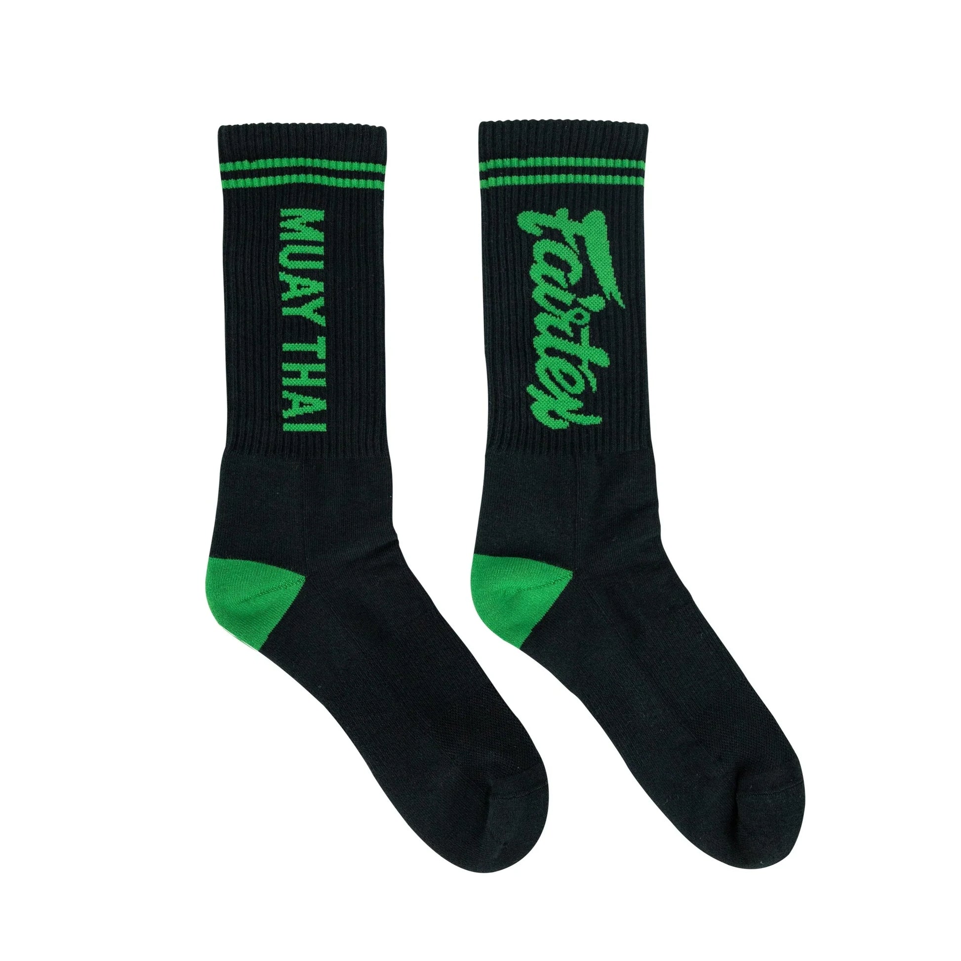 Fairtex black and green sports socks with cushioned soles and breathable fabric, designed for active sports and training.