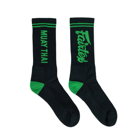 Fairtex black and green sports socks with cushioned soles and breathable fabric, designed for active sports and training.