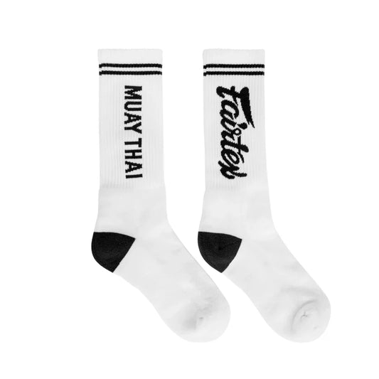 Fairtex white and black sports socks with reinforced heel and toe for athletic comfort and durability.