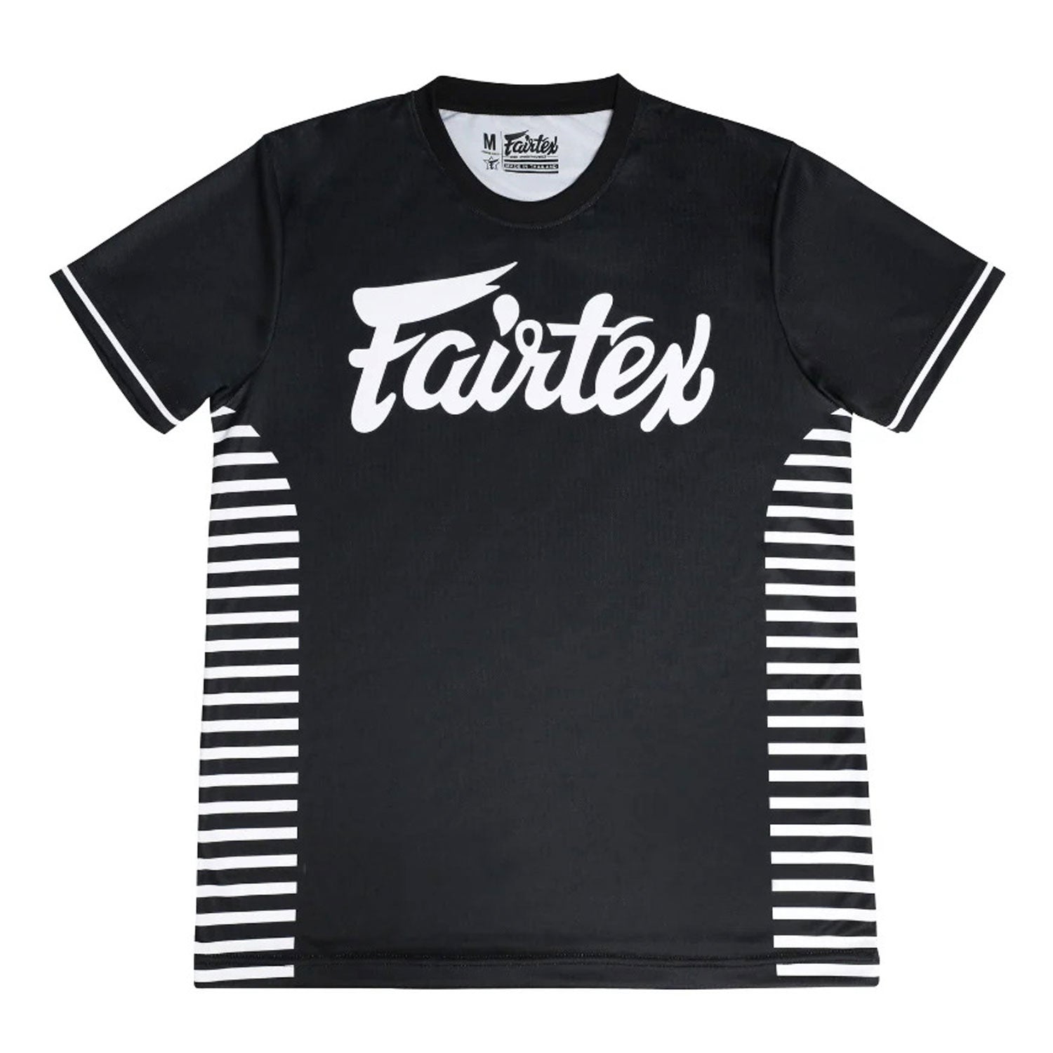 Fairtex TST353 Dri-Fit T-Shirt in black with ONE Lumpinee logo, designed for athletic performance and comfort.