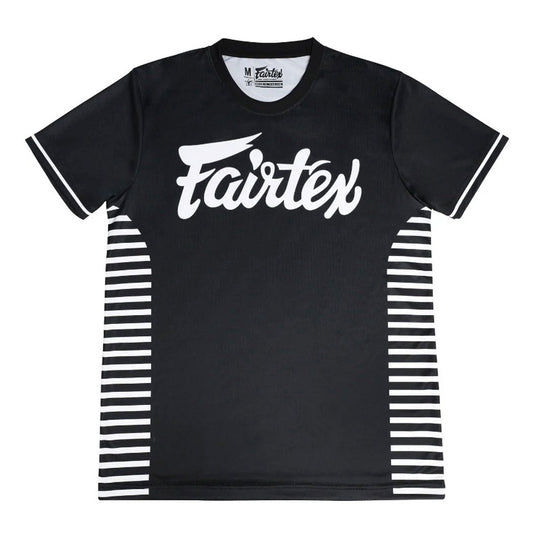 Fairtex TST353 Dri-Fit T-Shirt in black with ONE Lumpinee logo, designed for athletic performance and comfort.