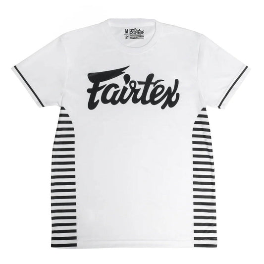 Fairtex TST353 Dri-Fit T-Shirt in white featuring ONE Lumpinee branding, designed for combat sports and active wear.