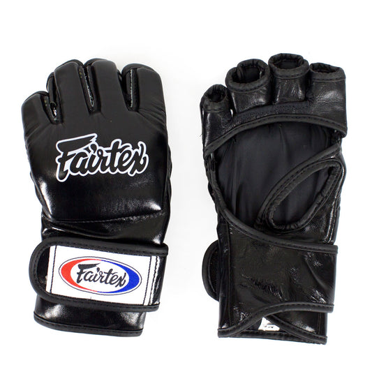 Black Fairtex FGV12 Ultimate MMA gloves with padded palms and adjustable wrist straps for combat sports and training.
