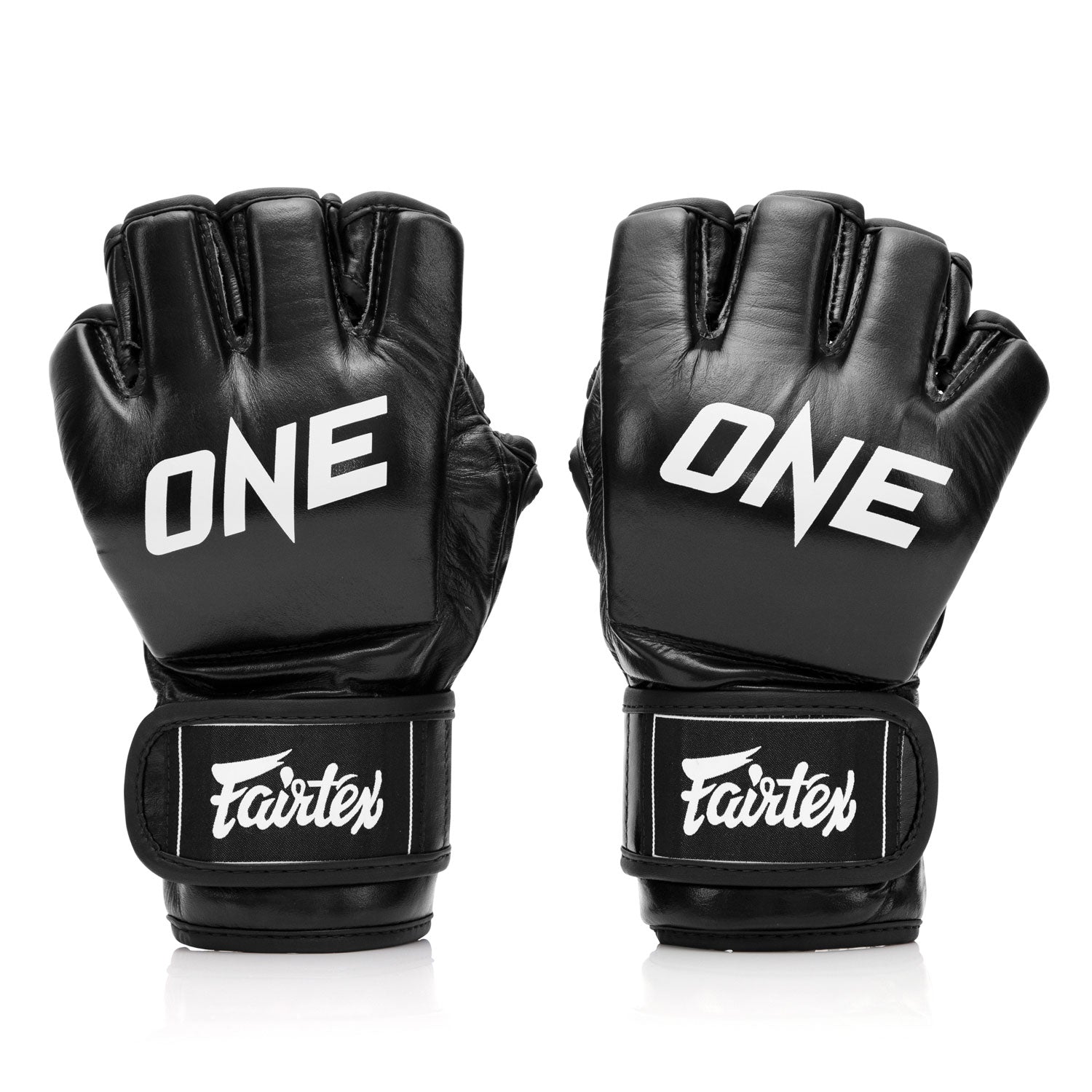 Black Fairtex X ONE Championship MMA gloves with padded palms and adjustable straps, designed for mixed martial arts training.