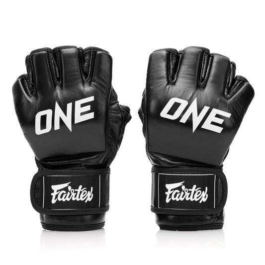Black Fairtex X ONE Championship MMA gloves with padded palms and adjustable straps, designed for mixed martial arts training.