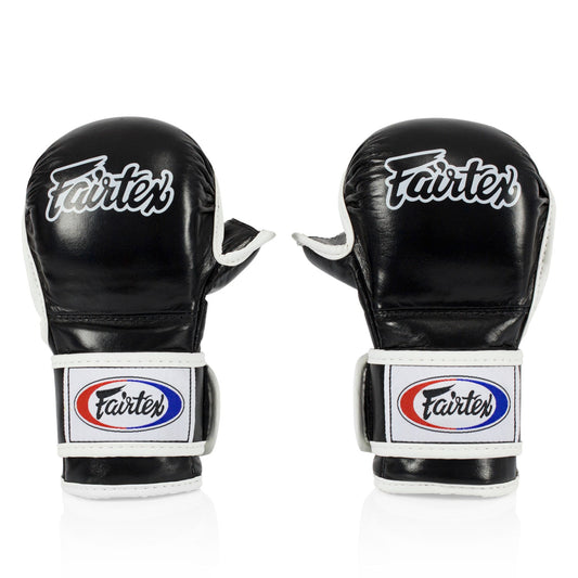 Fairtex MMA sparring gloves in black for martial arts training, featuring durable construction and secure wrist support.