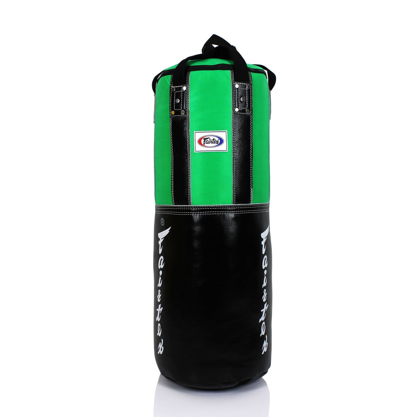 Fairtex HB3 extra large black and green leather heavy bag for boxing and martial arts training, unfilled sporting goods.