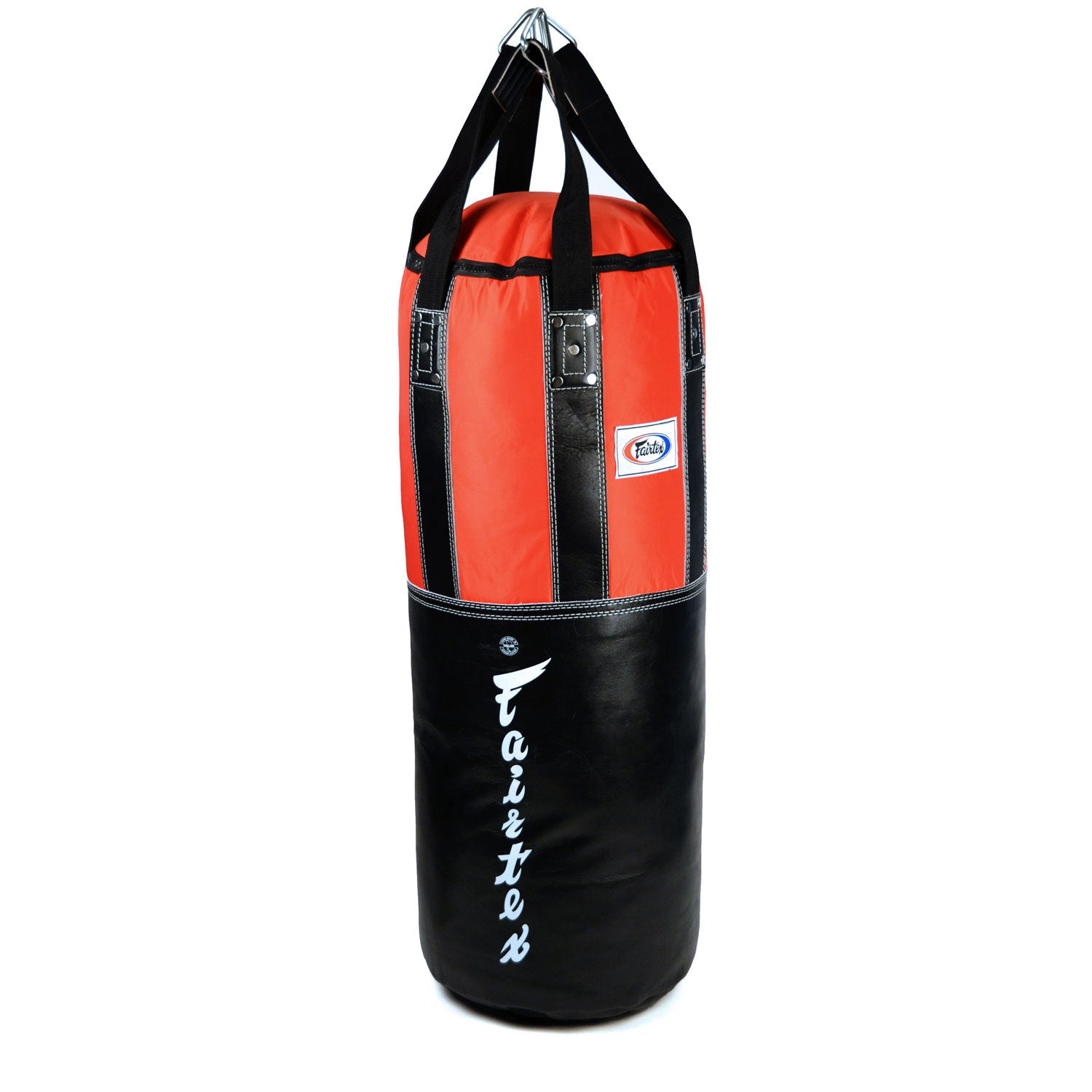 Fairtex HB3 extra large black and red leather heavy bag, unfilled, with sturdy straps and reinforced stitching for martial arts training.