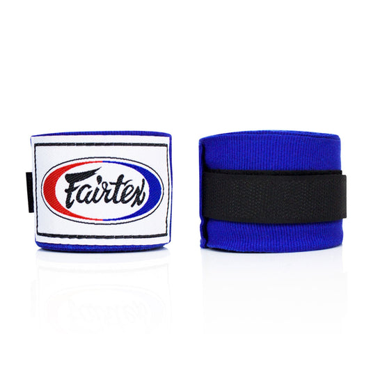 Fairtex HW2 180-inch blue handwraps for boxing and martial arts, showing the length and vibrant color of these sporting goods.