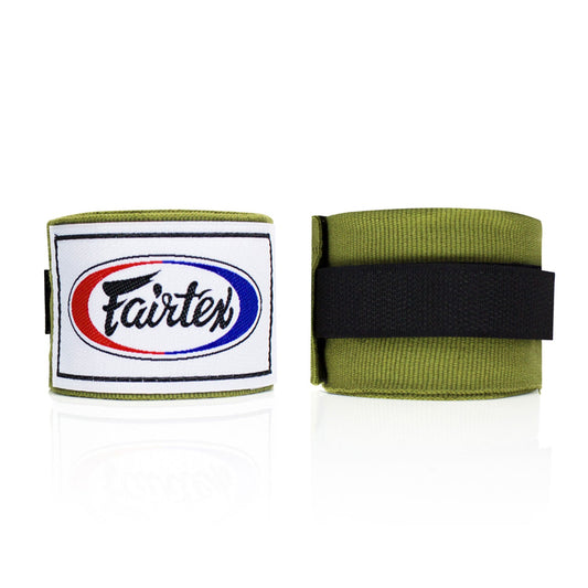 Fairtex HW2 180-inch olive green handwraps for boxing and martial arts training, made of durable sporting goods material.