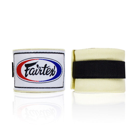 Fairtex HW2 180-inch white handwraps for boxing and martial arts, showing the soft, durable fabric and secure hook-and-loop closure.