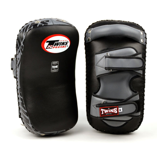 Twins Muay Thai Boxing Deluxe Curved Leather Kick Pads Black-Grey