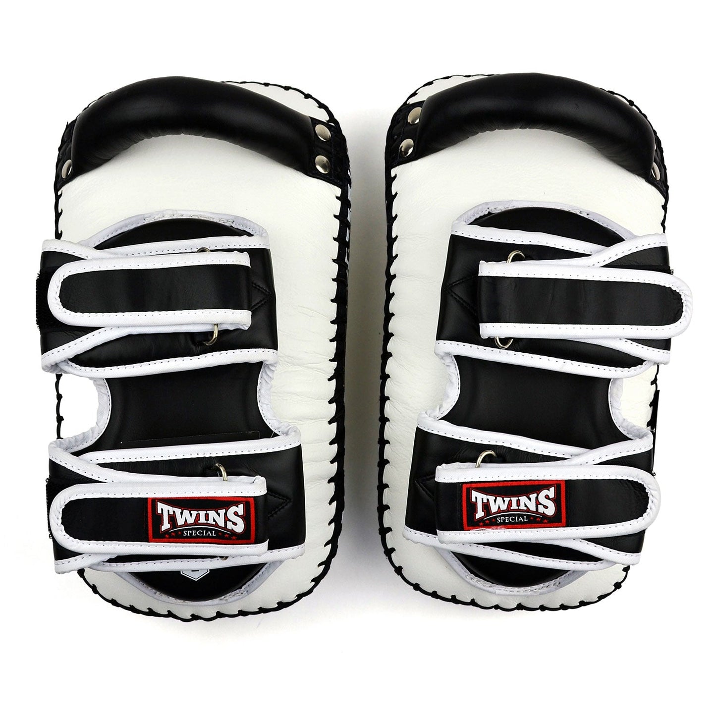 Twins Muay Thai Boxing Deluxe Curved Leather Kick Pads White-Black