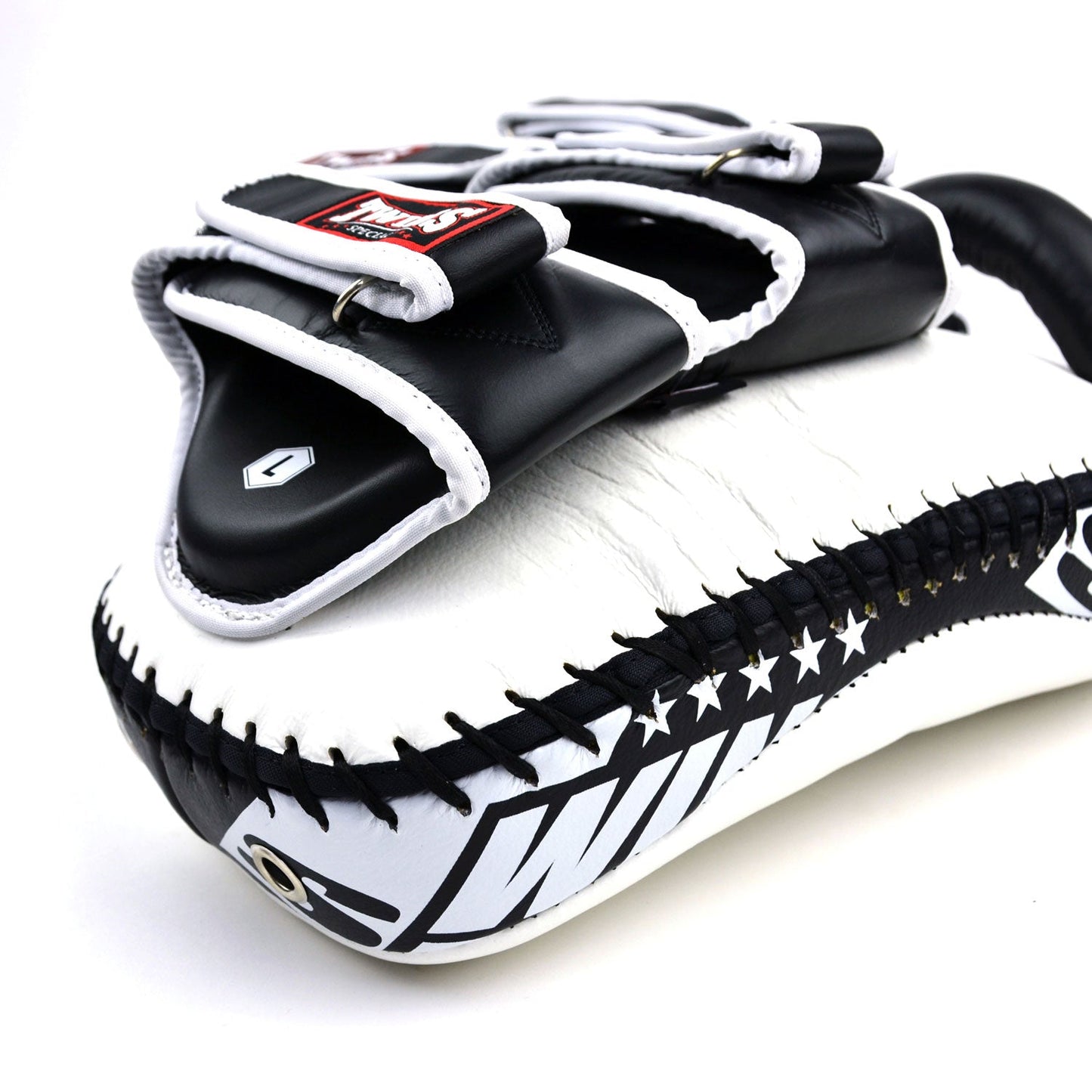 Twins Muay Thai Boxing Deluxe Curved Leather Kick Pads White-Black