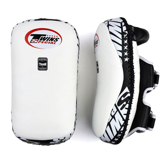 Twins Muay Thai Boxing Deluxe Curved Leather Kick Pads White-Black