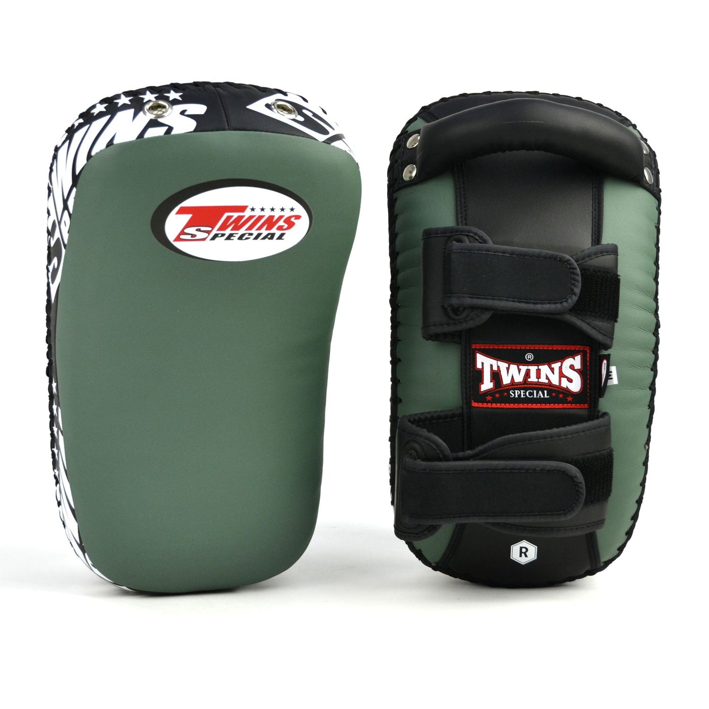 Twins Muay Thai Boxing Curved Synthetic Thai Kick Pads Olive-Black