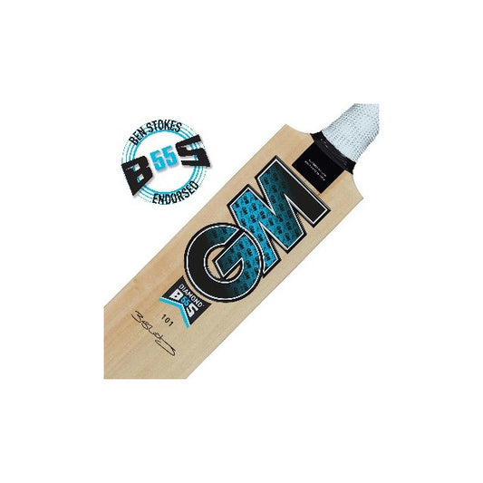 Gunn and Moore GM Diamond 101 Kashmir Willow cricket bat with a wooden handle and branded sticker, ready for play.