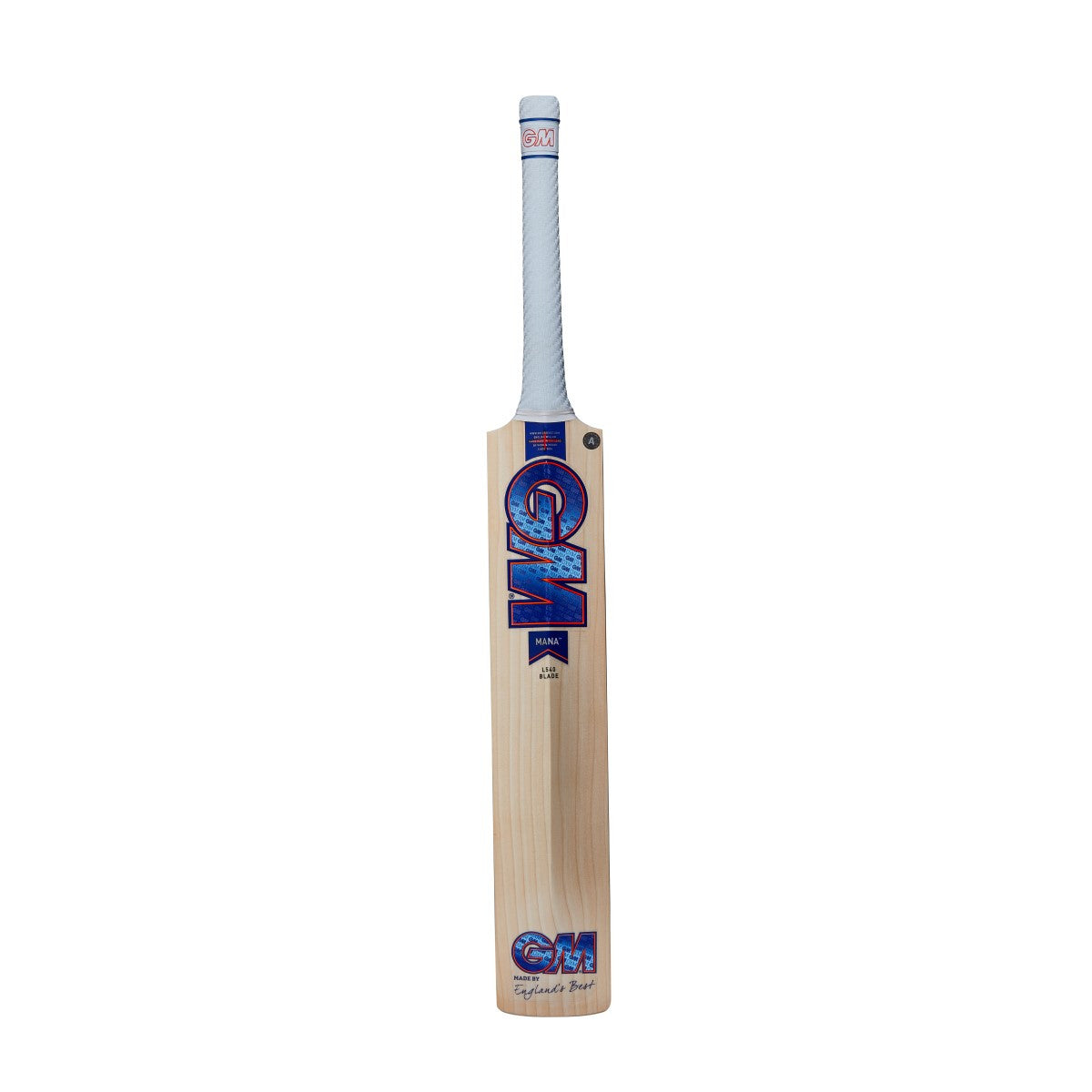 Back view of Gunn & Moore GM Mana 404 English Willow cricket bat, showing the bat's polished wood and brand logo.