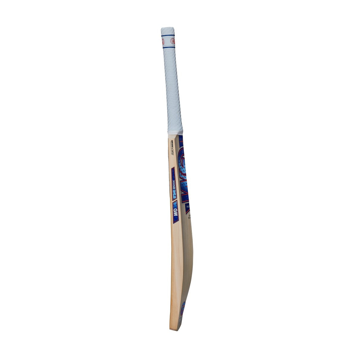 Gunn & Moore GM Mana 404 English Willow cricket bat with a close-up profile view, showcasing the bat's handle and blade design.