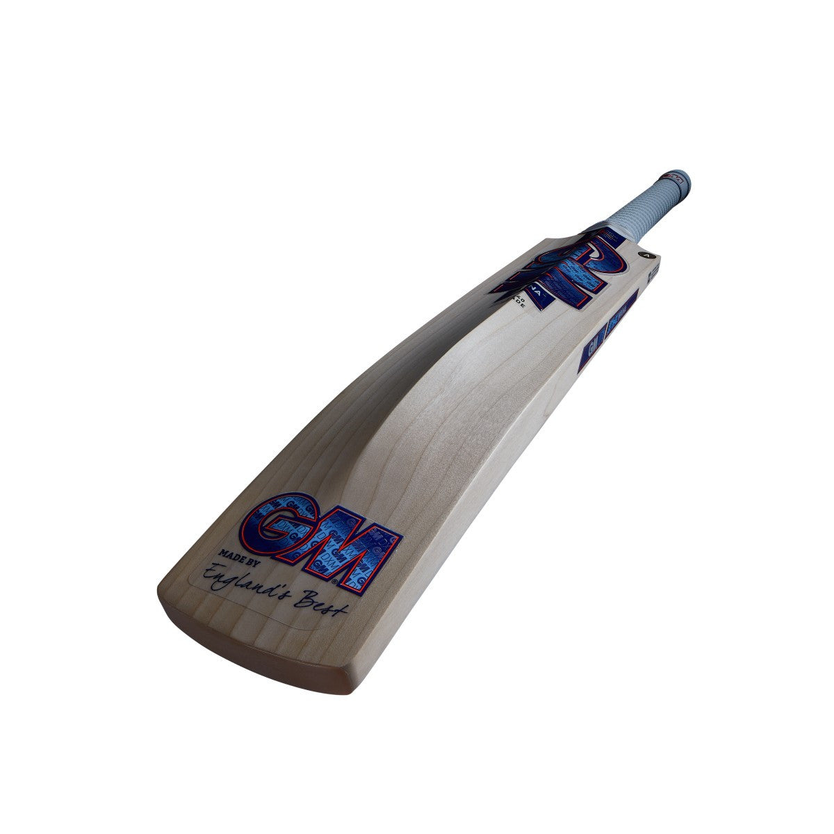Gunn & Moore GM Mana 404 English Willow cricket bat resting on grass, showing its smooth wood finish and sturdy design.
