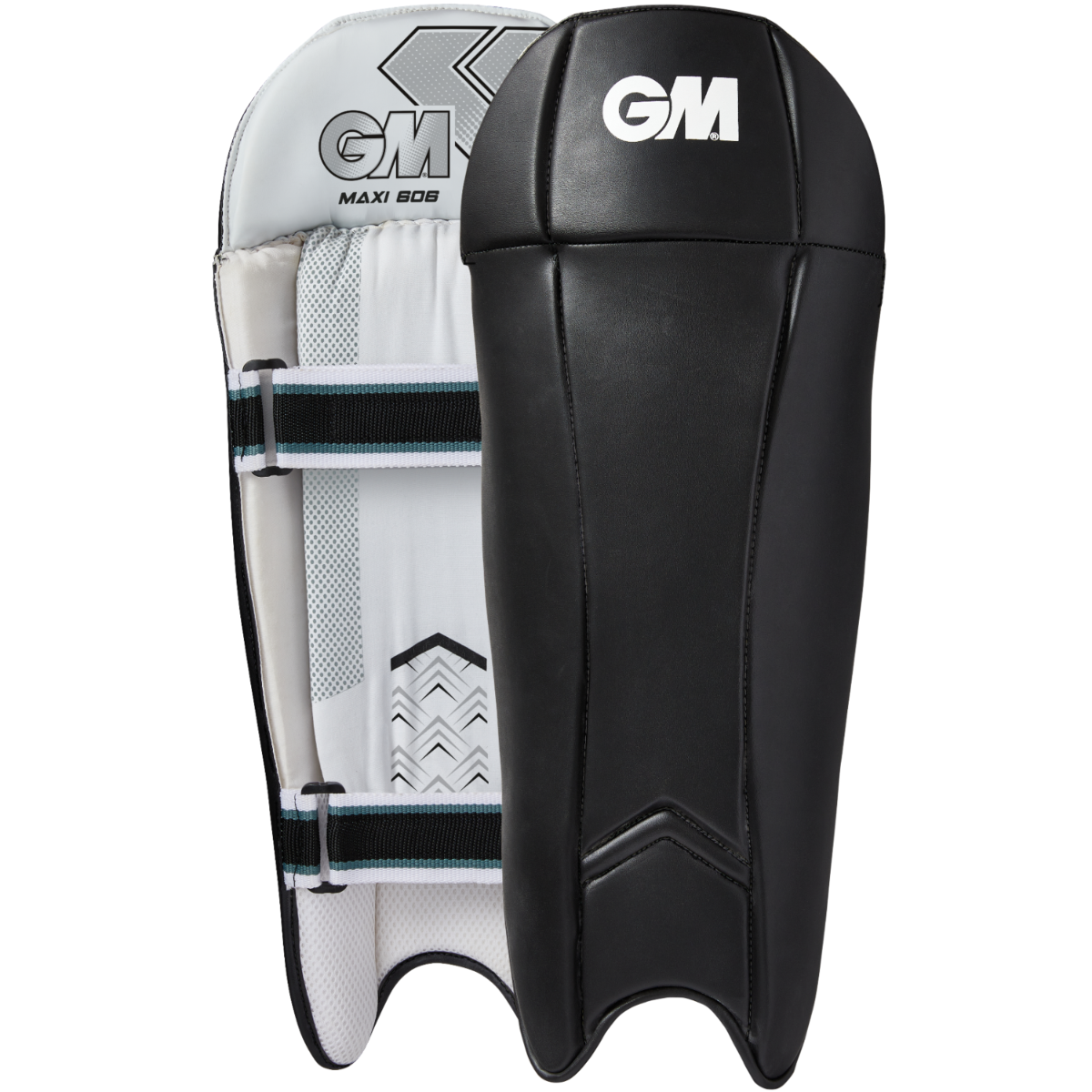 Black GM Cricket Maxi 606 wicket keeping pads by Gunn & Moore, designed for cricket players with adjustable straps and protective padding.
