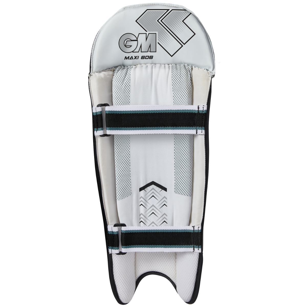 Black Gunn & Moore GM Cricket Maxi 606 wicket keeping pads with padded back for protection and comfort.