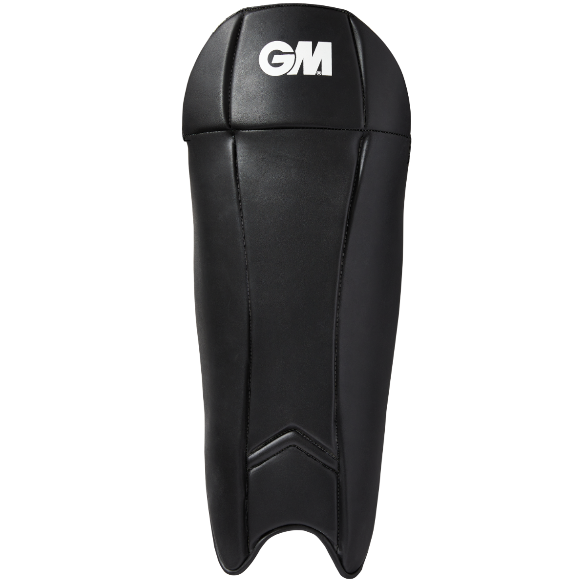 Black Gunn & Moore GM Cricket Maxi 606 wicket keeping pads with padded front and adjustable straps, designed for cricket wicket keepers.