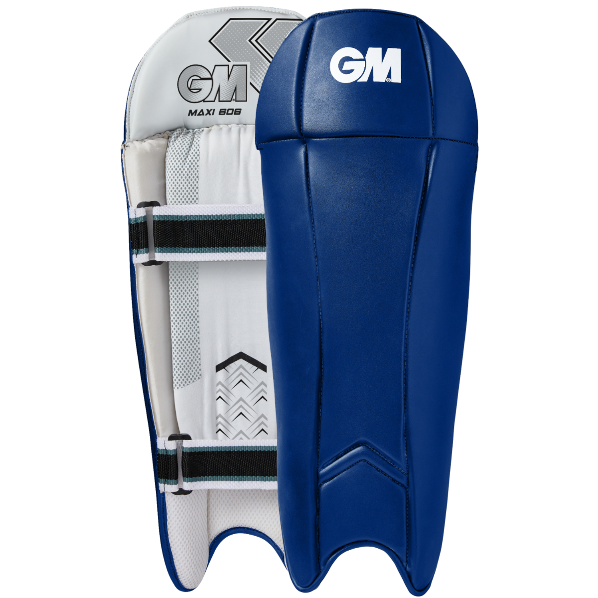 Gunn & Moore GM Cricket Maxi 606 wicket keeping pads in blue, padded cricket pads for wicket keepers with adjustable straps