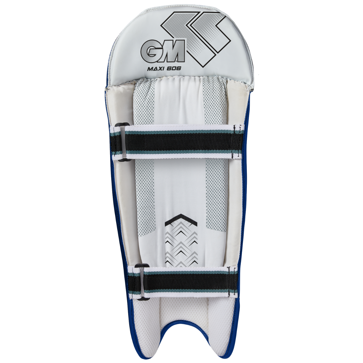 Gunn & Moore GM Cricket Maxi 606 Wicket Keeping Pads in navy, showing padded leg guards with adjustable straps and ventilation.