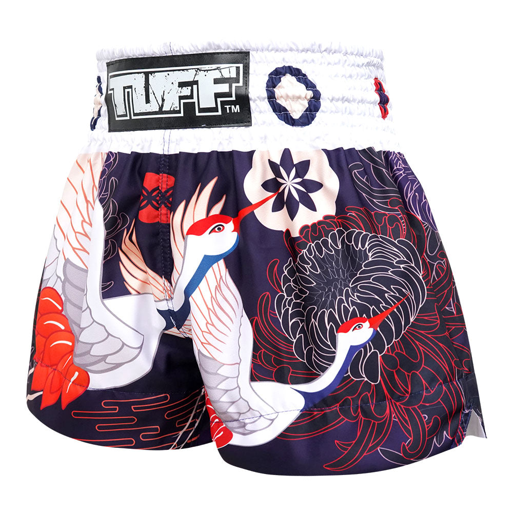 TUFF Muay Thai Shorts Navy Blue Japanese Drawing Crane Birds