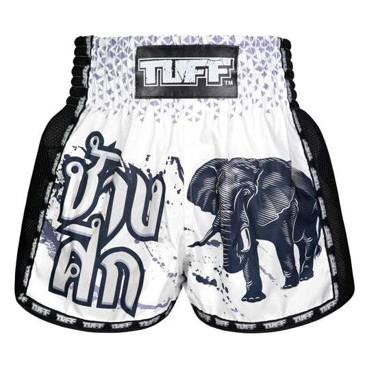 TUFF Sport Muaythai shorts with retro war elephant design, lightweight sporting goods for martial arts training and competition.