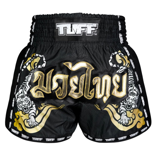 TUFF Muaythai Shorts Retro Style Black Twin Tiger