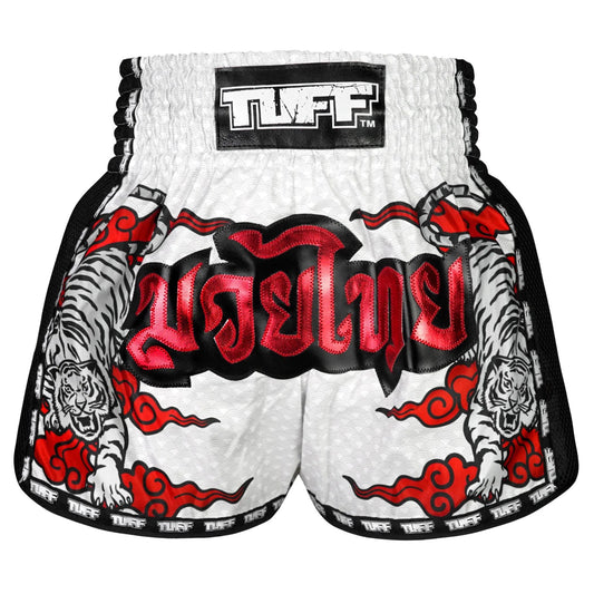 TUFF Muaythai Shorts Retro Style White Twin Tiger
