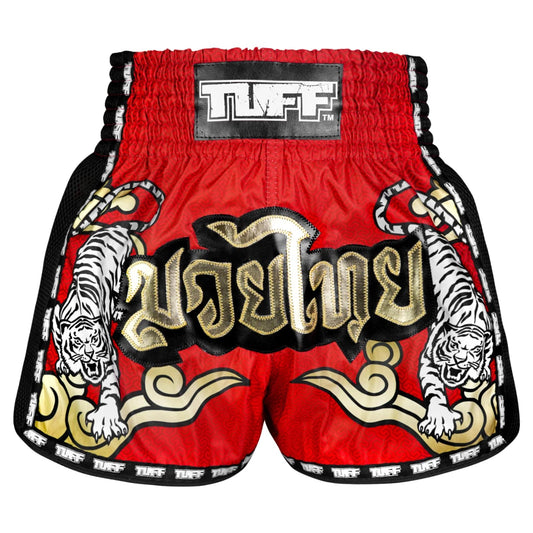 TUFF Muaythai Shorts Retro Style Red Twin Tiger