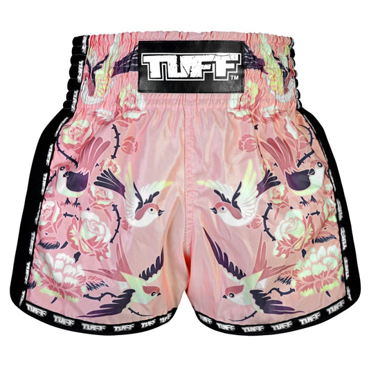TUFF Muaythai Shorts Retro Style Pink Birds With Roses