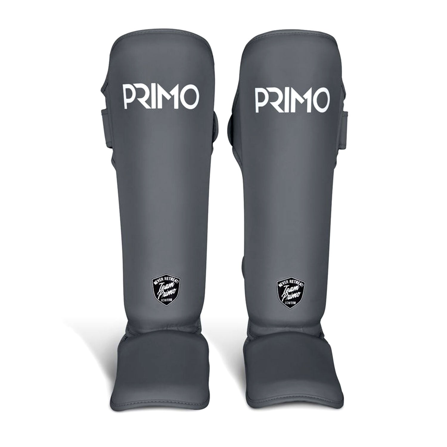 Primo Classic Muay Thai shinguard in slate grey, padded protective gear for martial arts training and competitions.