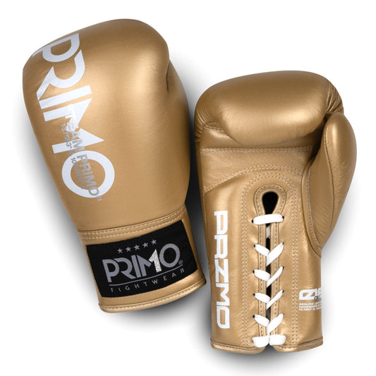 Primo Mamba Series Pro lace-up boxing gloves in gold, sporting goods, showing the padded wrist support and sleek design.