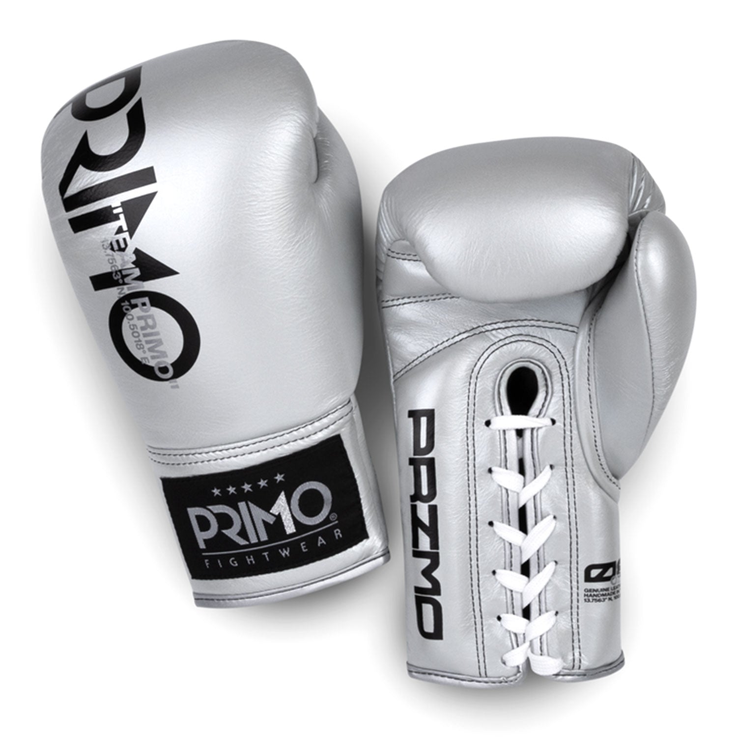 Silver Primo Mamba Series Pro lace-up boxing gloves, featuring durable construction and padded wrist support for boxing training.