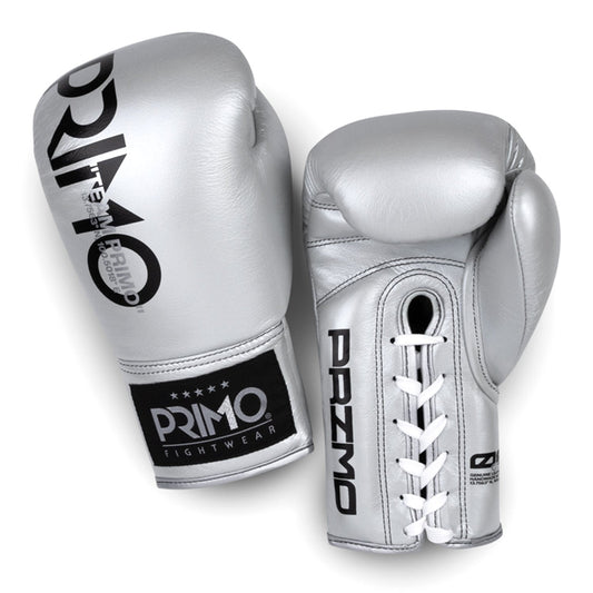 Silver Primo Mamba Series Pro lace-up boxing gloves, featuring durable construction and padded wrist support for boxing training.