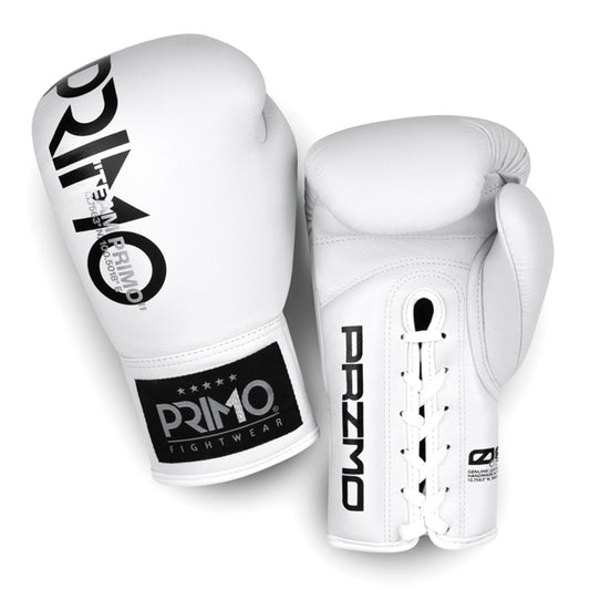 Primo Mamba Series Pro white lace-up boxing gloves for training and sparring, featuring durable leather construction.