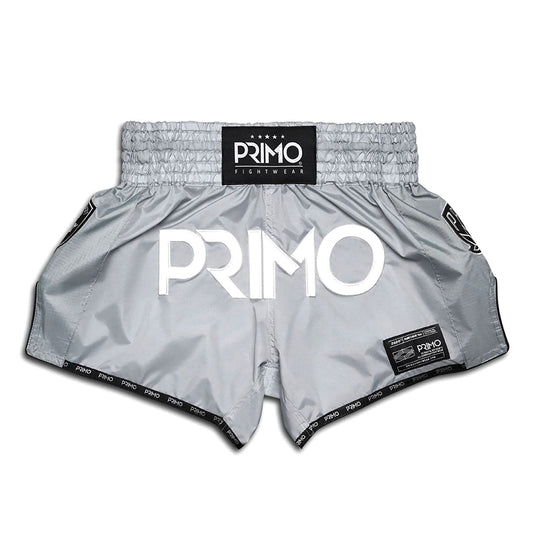 Primo Muay Thai Shorts in Super Nylon fabric, Hammerhead Grey color, designed for combat sports and martial arts training.