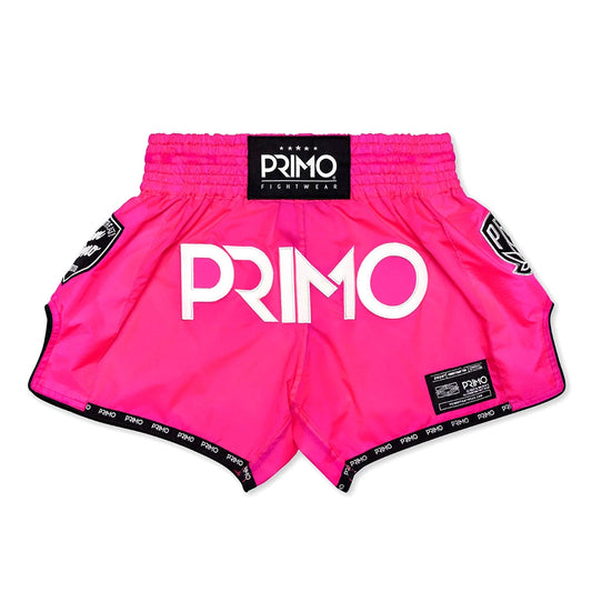 Pink Primo Muay Thai shorts made of super nylon with Harlem World branding, featuring a comfortable waistband and sporty design.