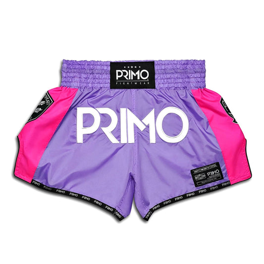 Primo Muay Thai shorts in purple nylon with sporty design, ideal for martial arts training and competitions.