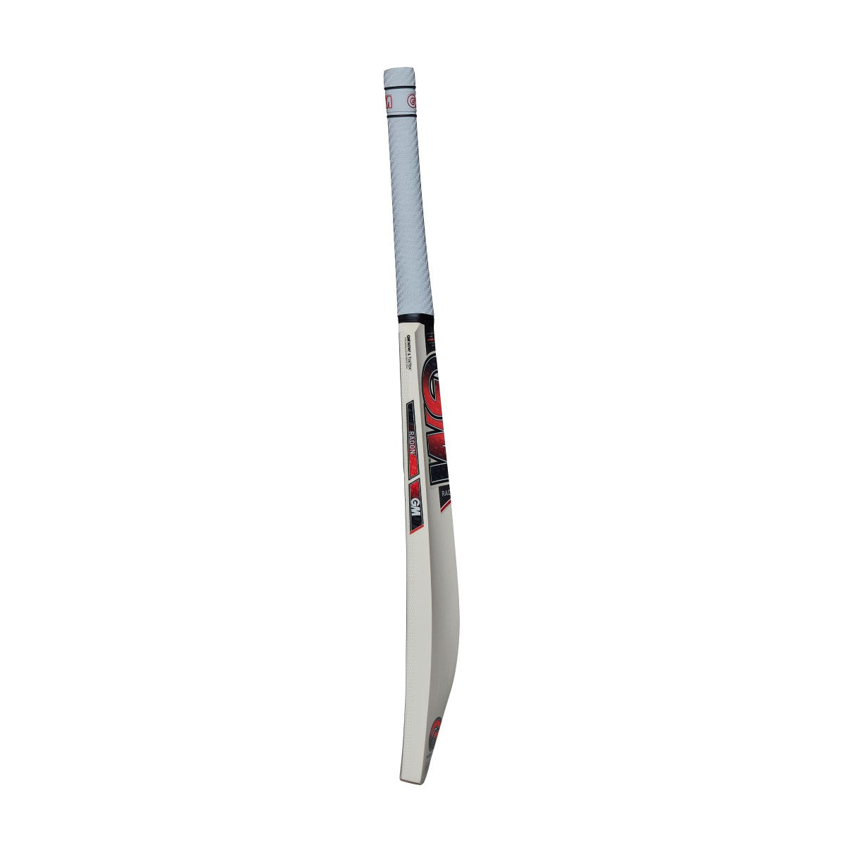 Gunn & Moore Radon English Willow cricket bat with a smooth wood grain finish and a sturdy handle, shown from a side profile.
