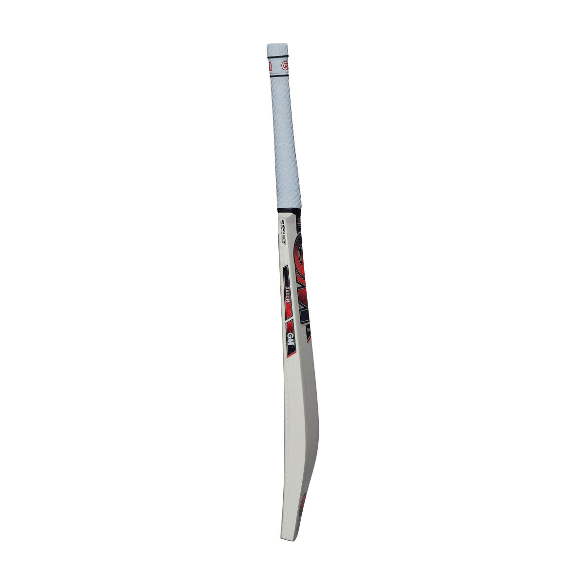 Gunn & Moore Radon English Willow cricket bat with a side profile view, showcasing its polished wood finish and handle design.